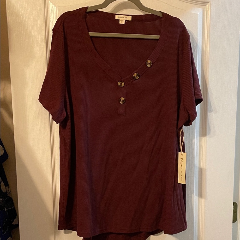 Paper Tee Maroon Button Accent Short Sleeve Top